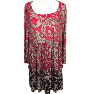 Soma XL Babydoll Night Dress Lounge Wear Top Red Black Ombre Leaf Print Pockets